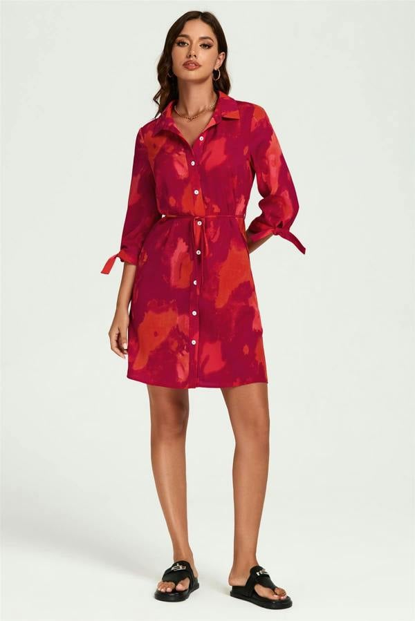 FS Collection Abstract Print Shirt Mini Dress In Red