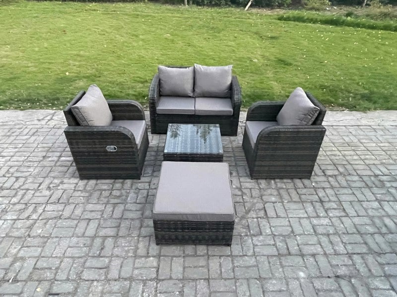 Fimous Wicker PE Rattan Garden Furniture Set Outdoor Lounge Sofa Set with Love Sofa Square Coffee Table Big Footstool Dark Grey Mixed
