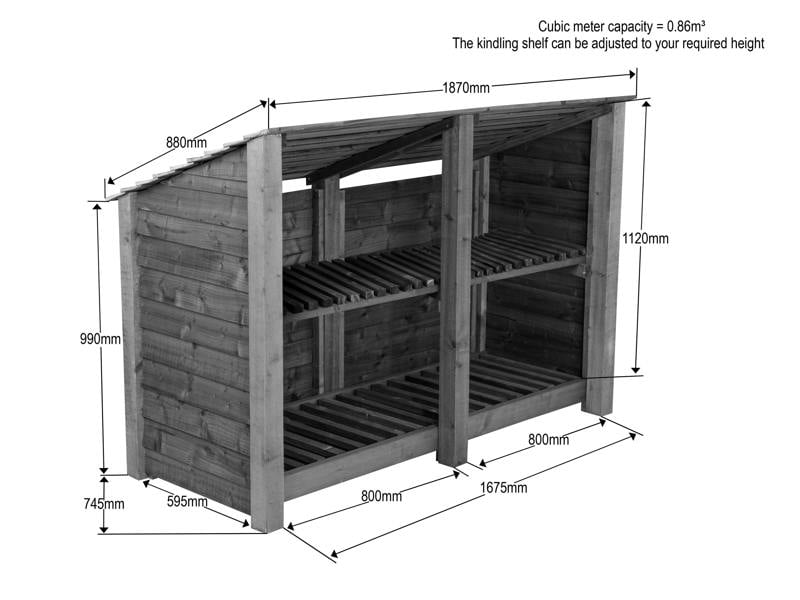 Arbor Garden Solutions Wooden Log Store (Roof Sloping Back) with Shelf W-187cm, H-126cm or 180cm, D-88cm