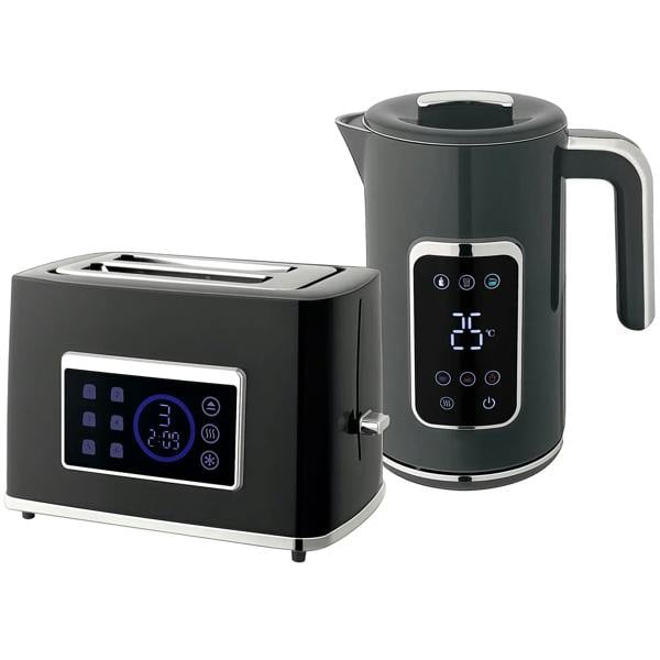 Grey touch-screen kettle and toaster set with digital control panels and illuminated icons