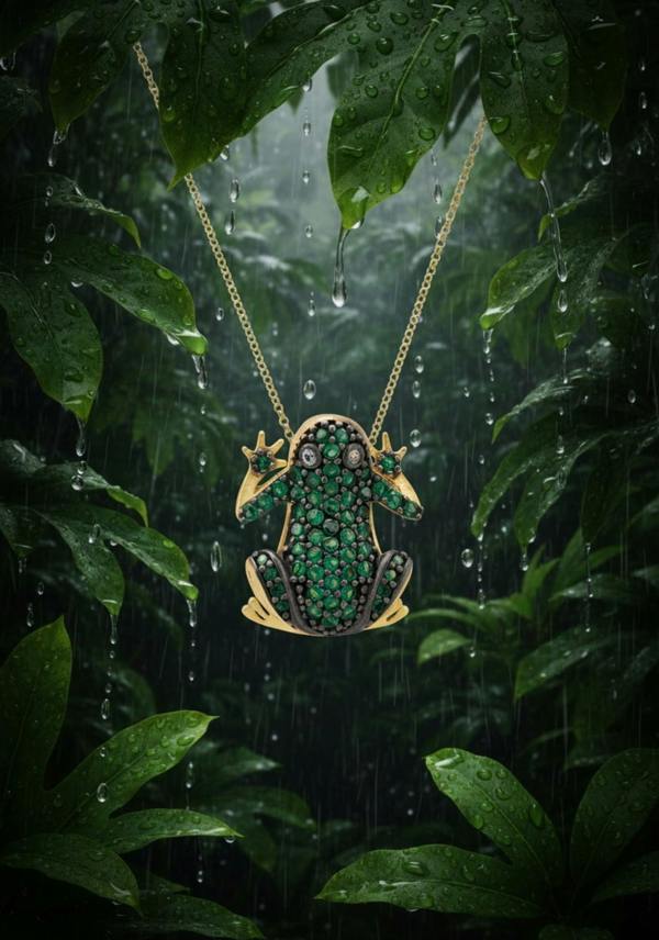 Gold frog pendant with green gemstones on a chain against a rain-drenched leaf background
