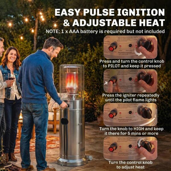 Bobobiy Gas Patio Heater, 13 kW Stainless Steel Portable Propane Outdoor Heater with Pulse Ignition, Tip-over Protection, Silver