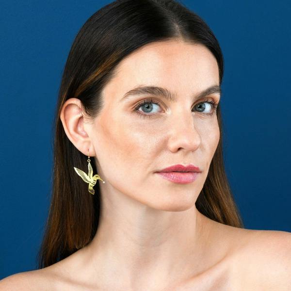 namana Gold Bird Dangle Earrings in a Hummingbird Design for Women