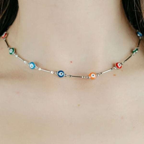 The Colourful Aura Multicolour Gold and Silver Evil Eye Charm Choker Protection Necklace - Silver
