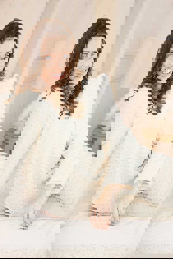 Camille Womens Cream Supersoft Fleece Textured Woven Pattern Pyjama Set