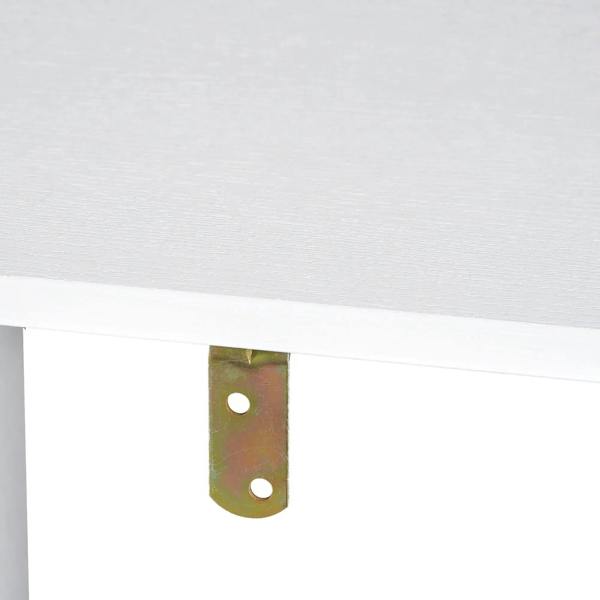 White shelf underside with attached metal mounting plate, featuring two screw holes.