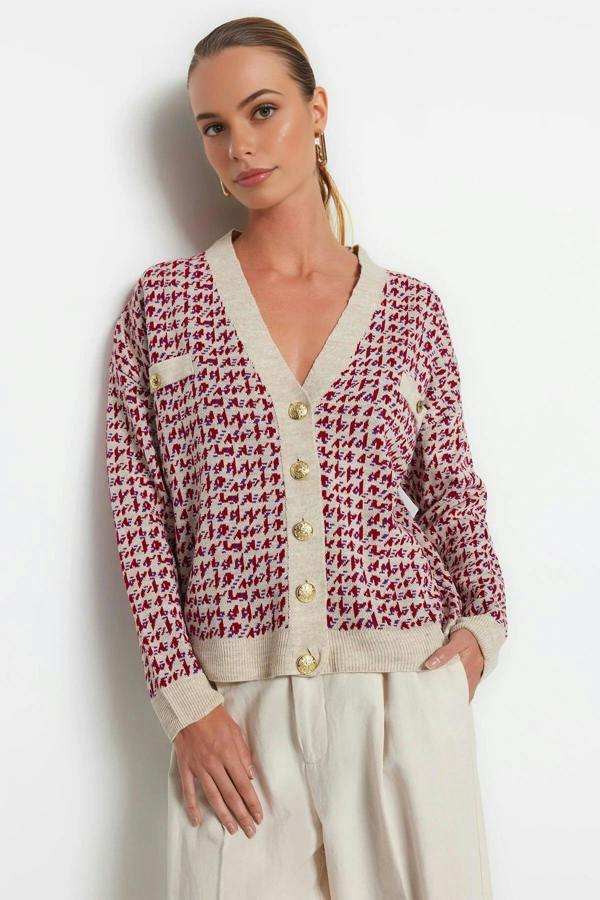 WOVCOR Patterned Knit Cardigan with Buttons Detail