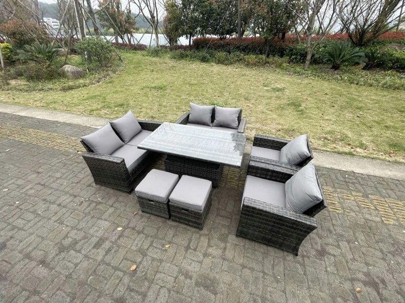 Fimous Rattan Outdoor Furniture Adjustable Rising Lifting Rectangle Dining Table Chairs Two Seater Love Sofa Sets Footstools 8 Seater
