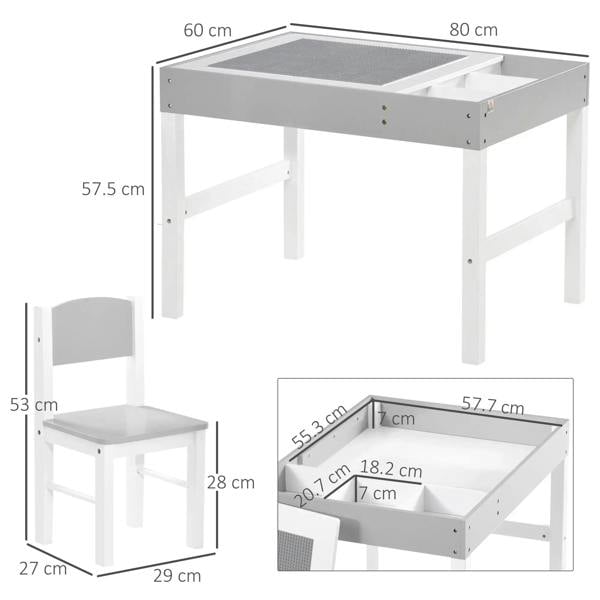 Grey kids table with storage insert and matching chair, side view with measurements