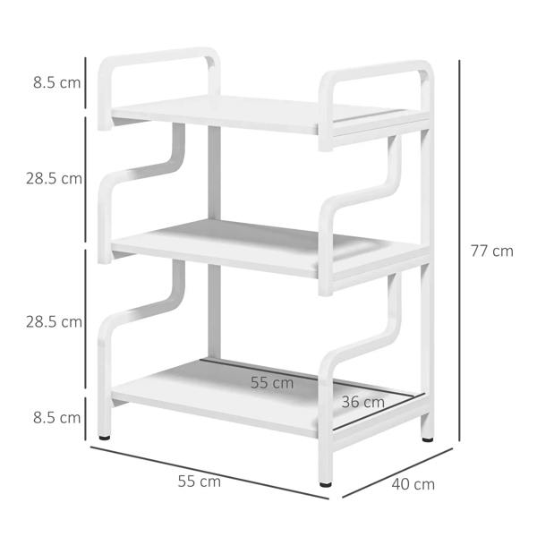 White 3-tier printer stand with three open shelves and curved guard rails