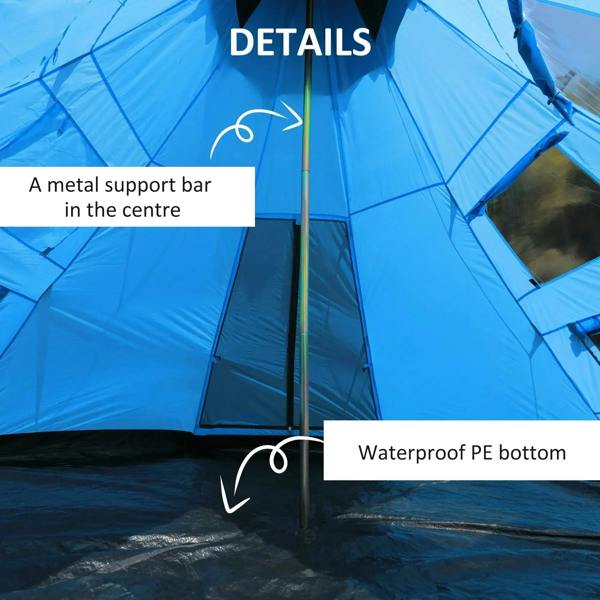 Blue tipi tent interior with center metal support bar and waterproof PE bottom