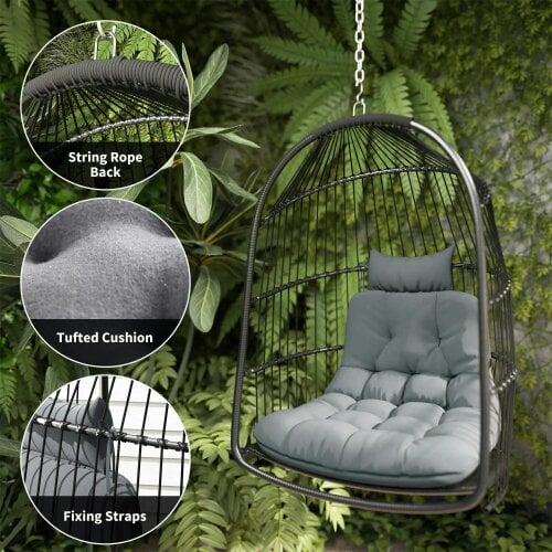 Bobobiy Hanging Egg Chair, Foldable Rattan Garden Swing Chair with Installation Kit, Thickened Cushion and Headrest, Dark Grey