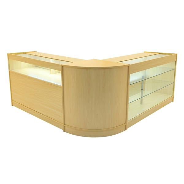 Triton LED Shop Counter Set in maple finish, featuring a sleek, modern design with glass display shelves and integrated lighting