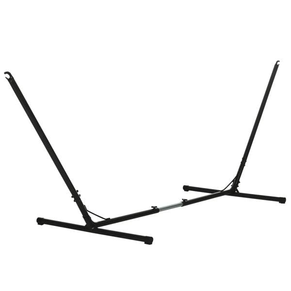 Black metal hammock stand with adjustable uprights and base crossbar, stand only.