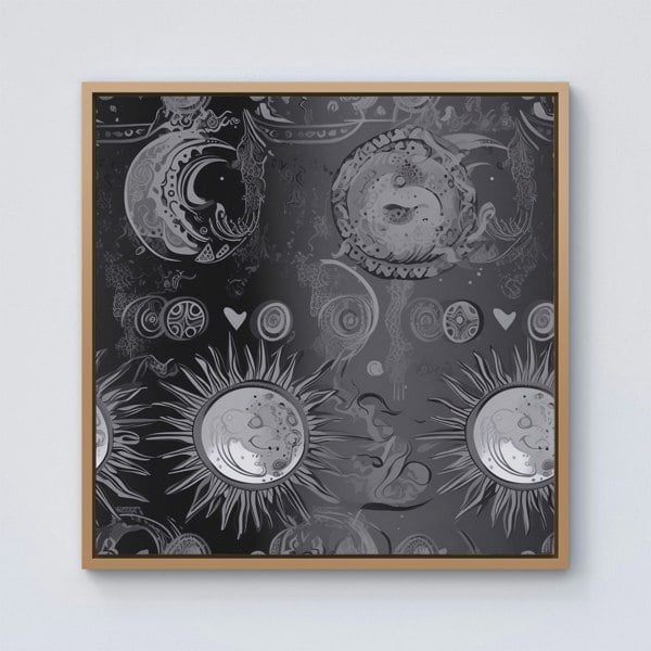 Warren Reed Black Grey Abstract Sun and Moon Framed Canvas