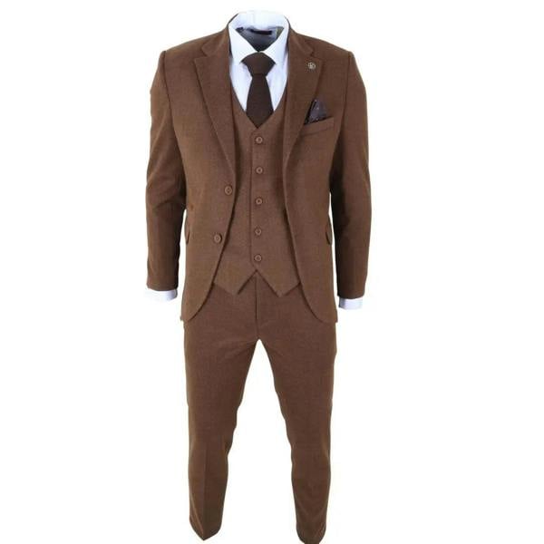 TruClothing IM42 - Men's Brown 3 Piece Tweed Herringbone Suits