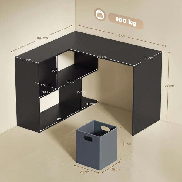 110 cm L-Shaped Desk, Small Computer Desk with Fabric Drawer and Storage Shelves for Home Office, Study, Black