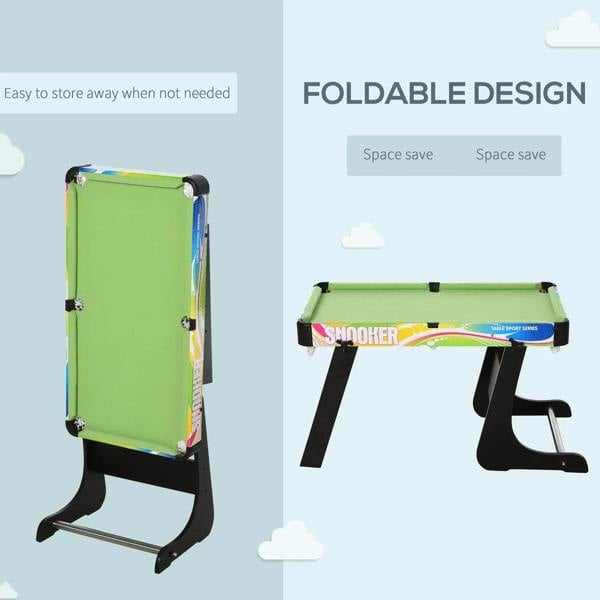 Foldable multi-game table with upright storage panel and multi-color top