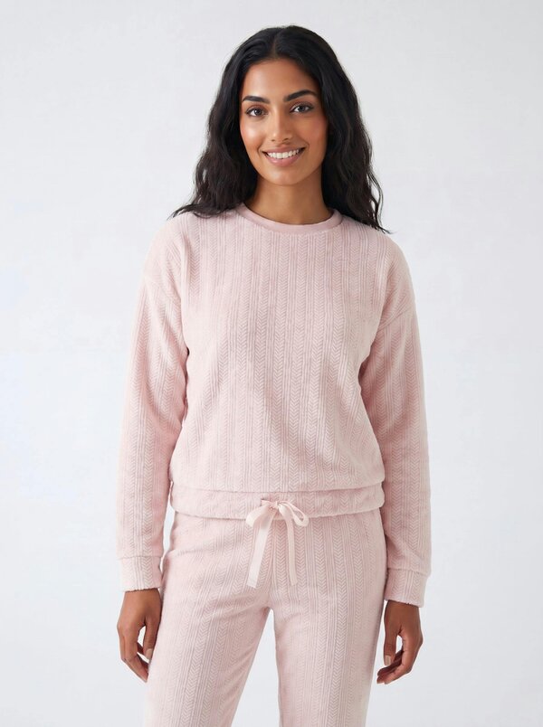 Camille Womens Embossed Flannel Fleece Round Neck 2-Piece Pyjama Set