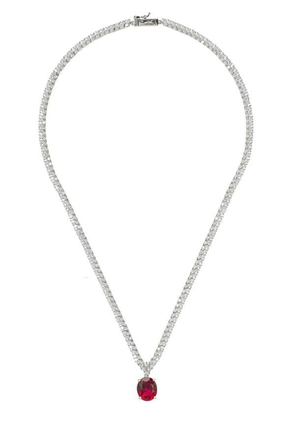 Garbo Oval Gemstone Tennis Necklace Ruby Silver - LATELITA Necklaces