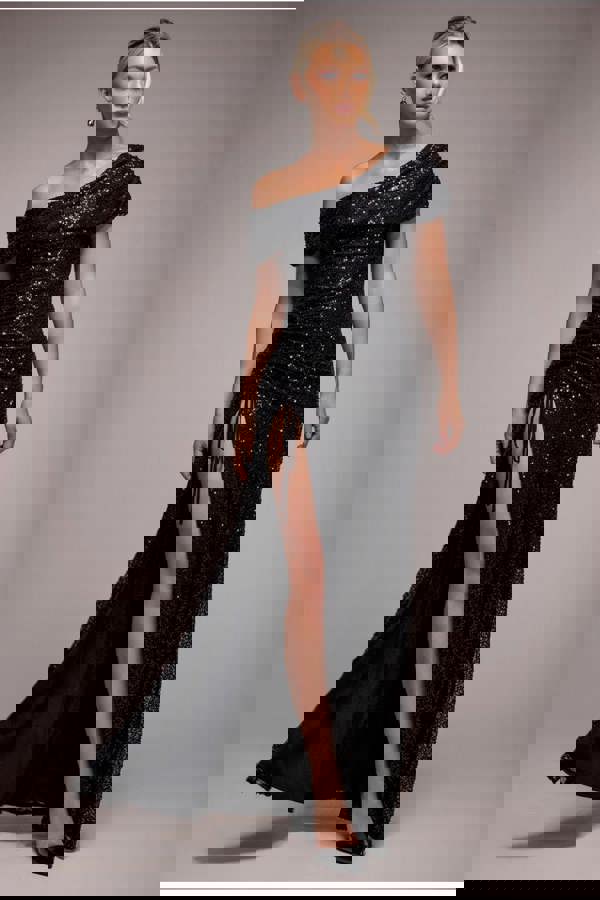 Off The Shoulder Sequin Cowl Drawstring Maxi Dress - Black DR4824