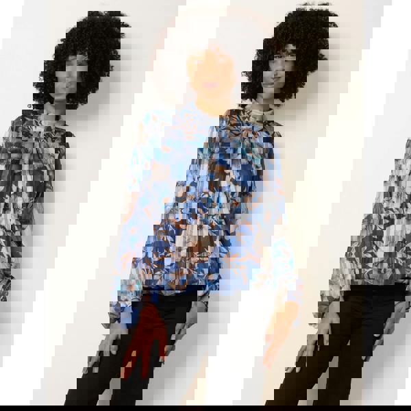 Blue Vanilla Floral Metallic Puffball Top