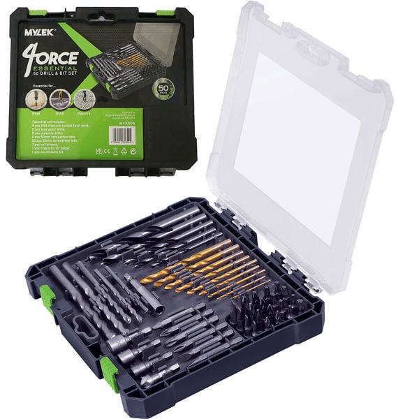 Mylek 18V Cordless Drill Electric Screwdriver Set Lithium Ion Battery Pack 18 Volts Combi Driver With MYLEK 4ORCE 50-Piece Kit