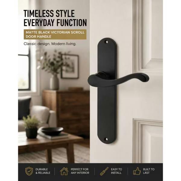 EDH Door Hardware Matt Black Cadenza Victorian Scroll Door Handles – 1, 3 & 5 Pair Packs – 178mm x 38mm
