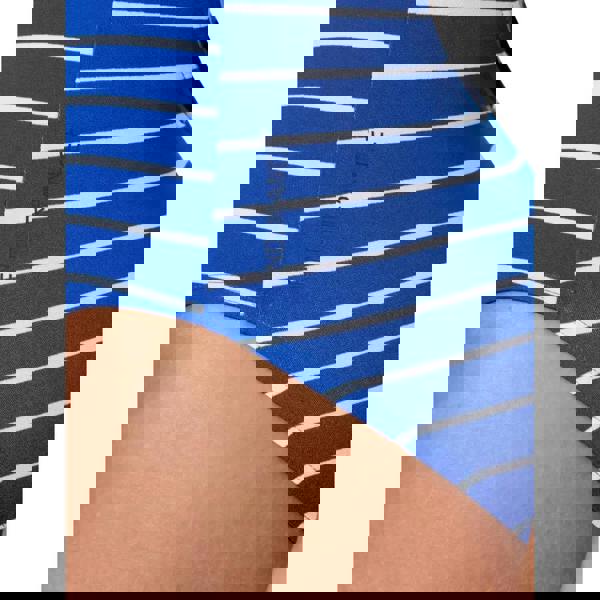 Blue and white printed medalist swimsuit with Endurance+ branding