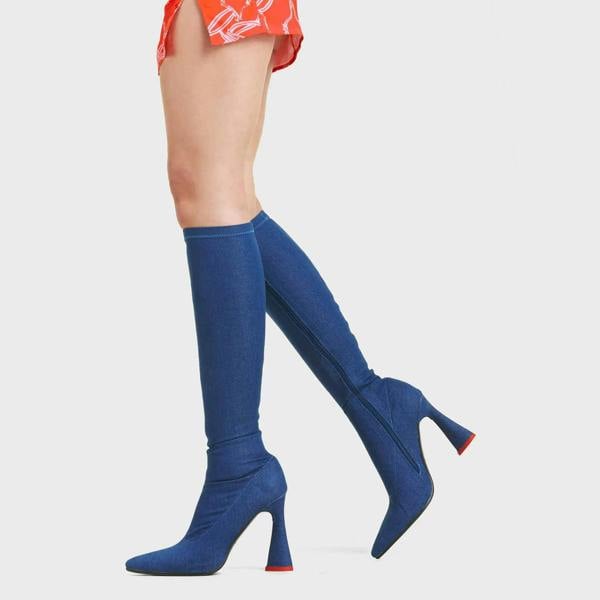 Lamoda Big Dreams Women’s Platform Knee High Boots in Dark Stretch Denim