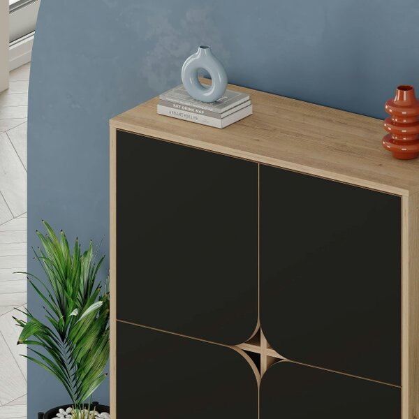 Decortie Modern Spark Cabinet 4-Doors Storage Engineered Wood Display Unit with Black Metal Legs 90(W)cm Oak