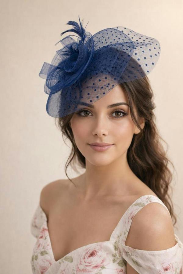 SVNX Feather & Polka Veil Fascinator in Navy