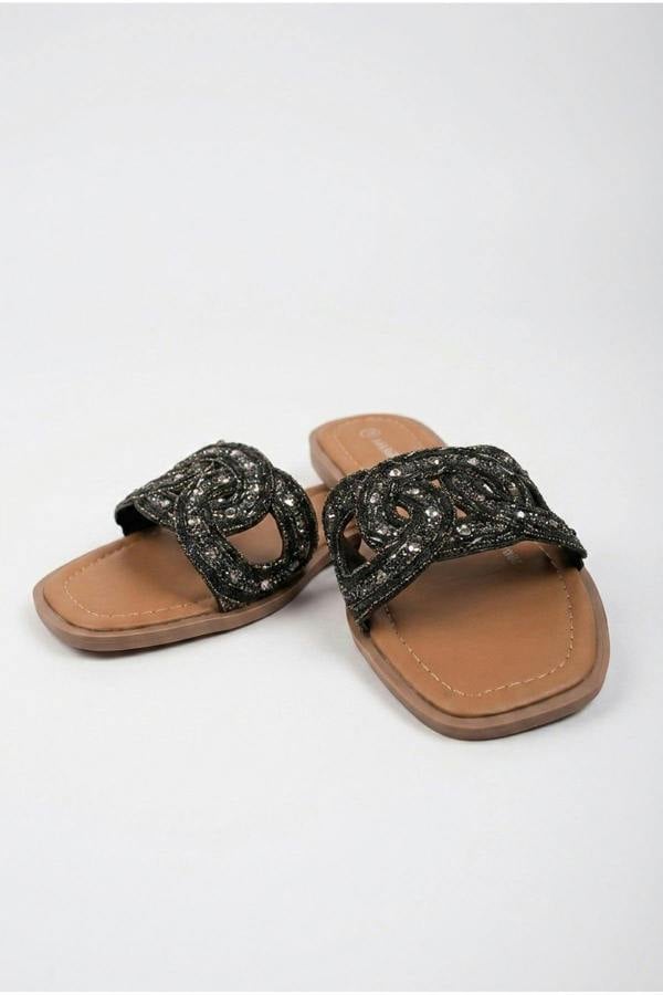 Maud Embellished Woven Knot Flat Sliders - Black