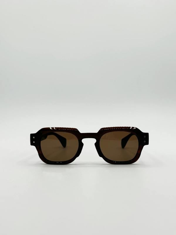 Angular Wayfarer Style Sunglasses in Brown with Green Arms - svnx