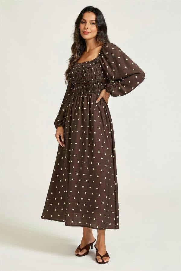 FS Collection Brown Dot Print Square Neck Midi Dress