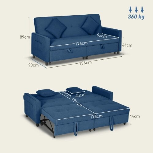 Wyld Haus Sarova Difa Blue Fabric 3 Seater Convertible Sofa Bed