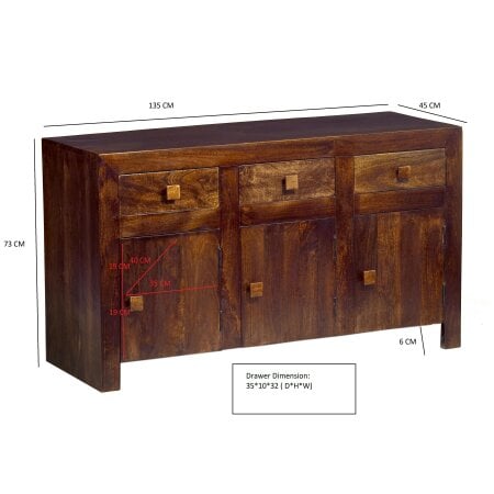 Wyld Haus Phuket Dark Mango Wood Large Sideboard 3 Drawers 3 Doors