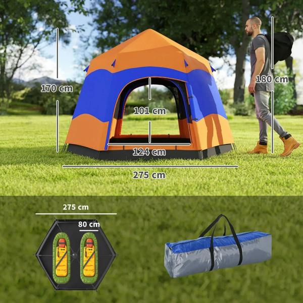 Orange and blue hexagon camping tent with labeled size dimensions over the entrance