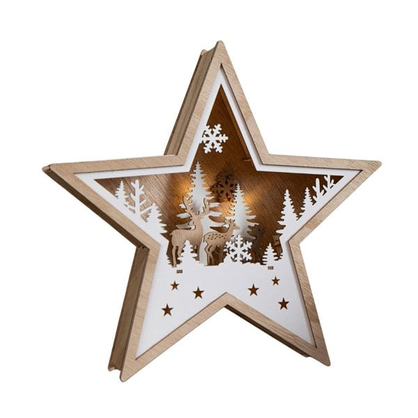 Samuel Alexander 23cm Battery Operated Wooden Star Shape Woodland Scene Christmas Decoration