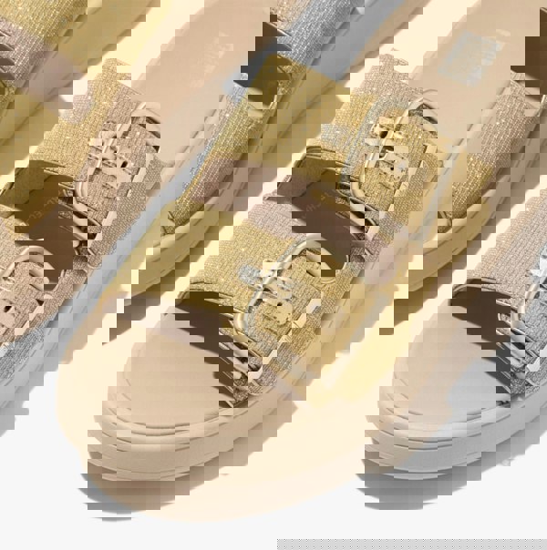 FitFlop F-MODE BUCKLE SHIMMERLUX FLATFORM TWO-BAR Womens Slides Platino