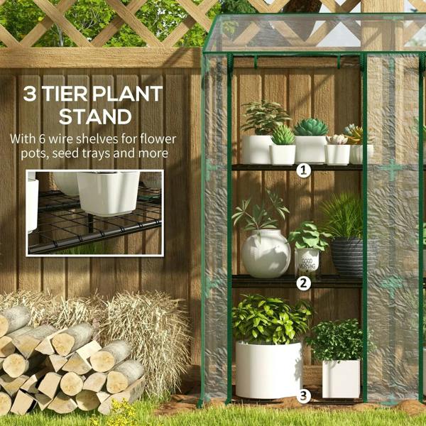 Three-tier mini greenhouse with clear door panels, green frame, and potted plants inside