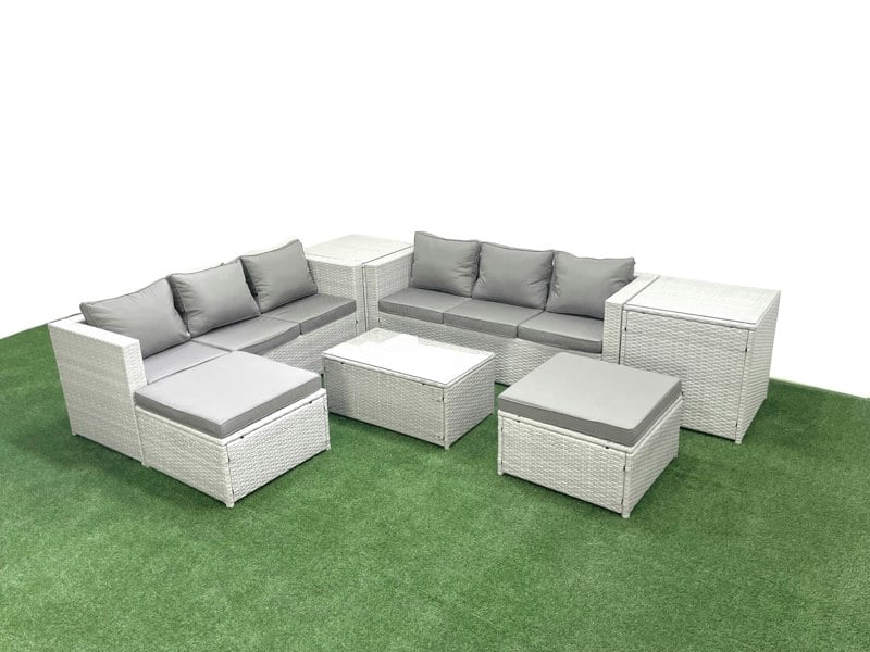 Fimous Garden Outdoor PE Rattan Furniture Set 8 Seater Rattan Garden Sofa Set with 2 Big Footstools 2 Side Tables Light Grey Mixed