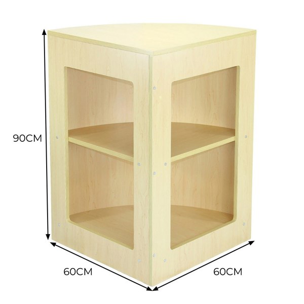 Maple corner counter with two open shelves, smooth finish, and modern design, measuring 90cm high and 60cm wide on each side