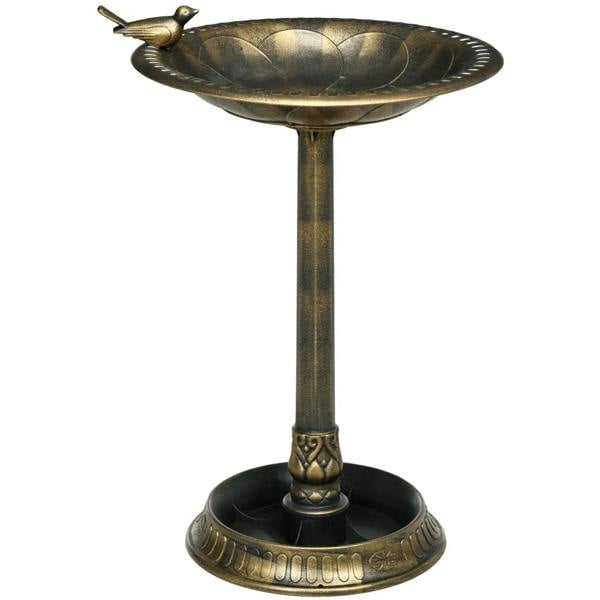 Bronze-tone tall bird bath with wide bowl and decorative bird perched on the rim