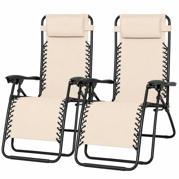Reclining Garden Chairs – Set of 2 Folding Sun Loungers with Lockable Positions, Adjustable Headrest & Weatherproof Textoline, Beige