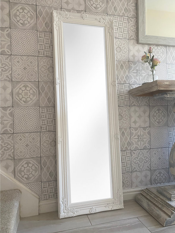 Downton Interiors Antique Style Plain White Tall Ornate Dressing Wall Mirror with Bevelled Glass 142cm