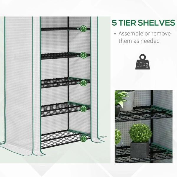 Mini greenhouse with black wire shelves and base rack, front corner detail