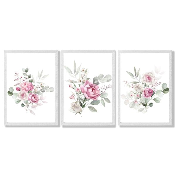 Set of 3 Pink Roses with Eucalyptus Bouquets Framed Art Prints with White Wooden Frames