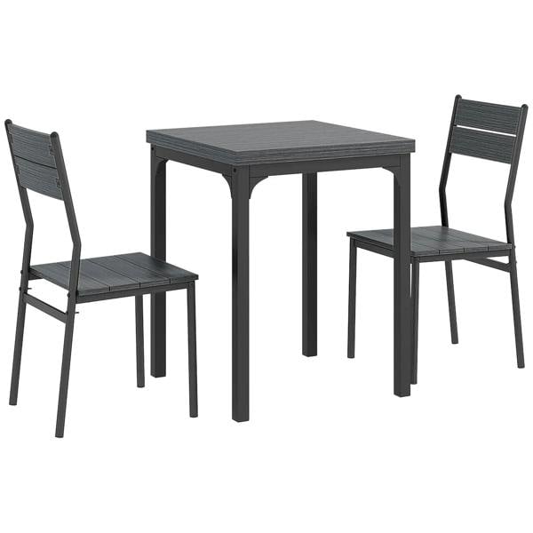 Grey wood grain dining table set with square table and 2 matching chairs