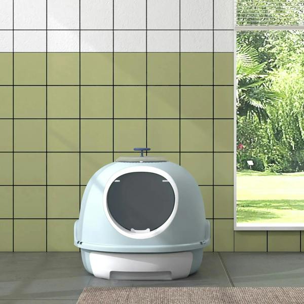 Blue enclosed cat litter box viewed from front with circular entry and top handle